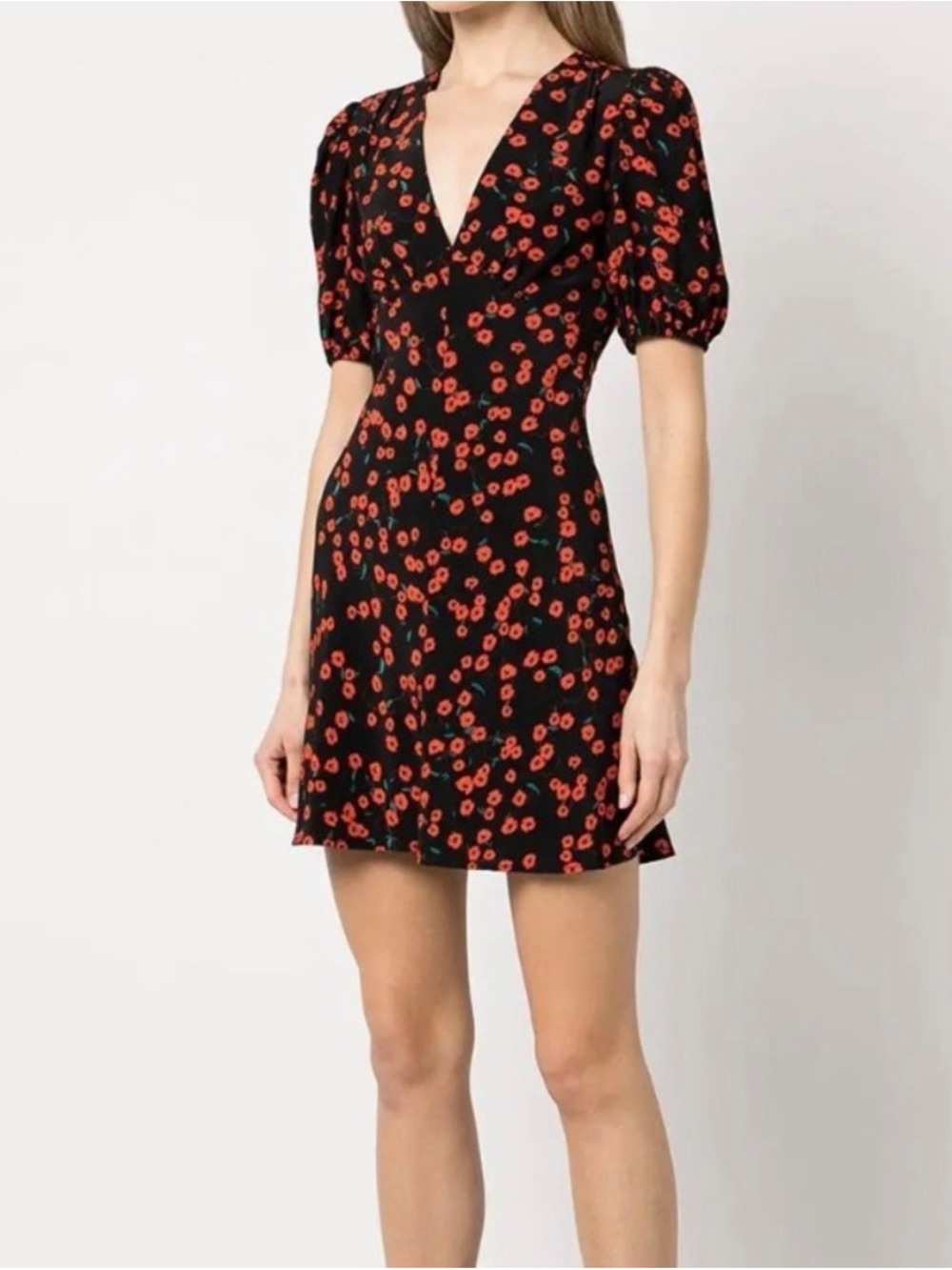 STAUD Mia Mini Dress - Black with Red Floral Print